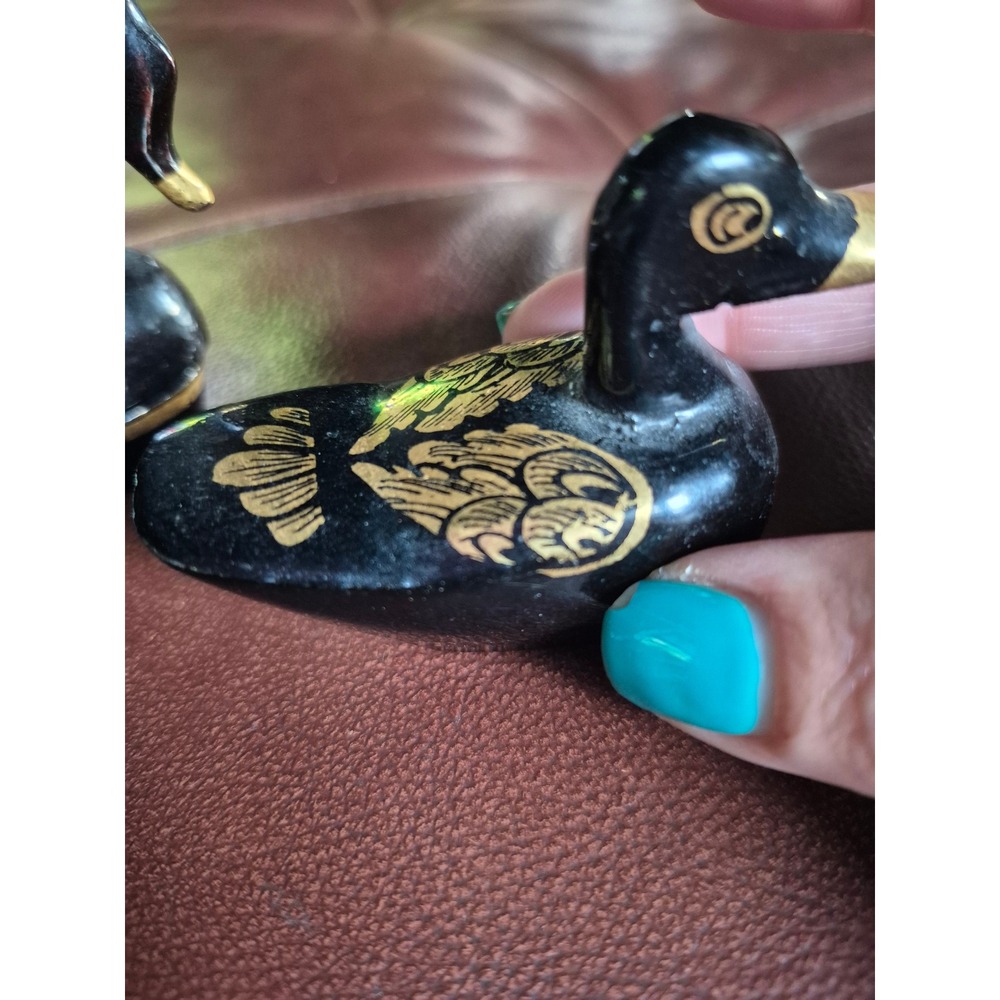 Vintage Hand Carved Wood‎ Duck Family Set 3 Black Lacquer Trinket Box Birds gift - Picture 6 of 8